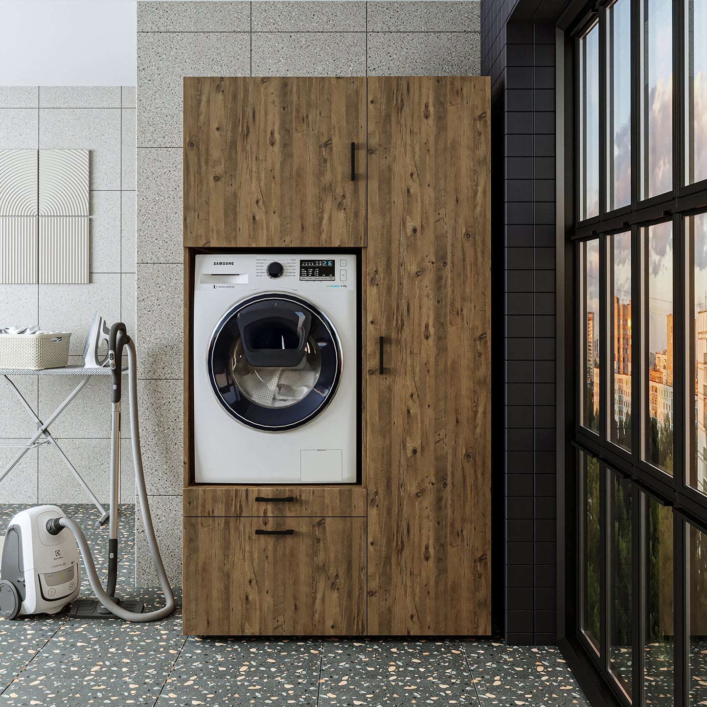 Roomart Waschmaschinenschrank mit Ausziehbrett, 112 cm breit - SERIE 2  – Waschmaschinenüberbau für Waschmaschine & Trockner, Waschturm-Schrank mit Stauraum für Bad & Waschküche