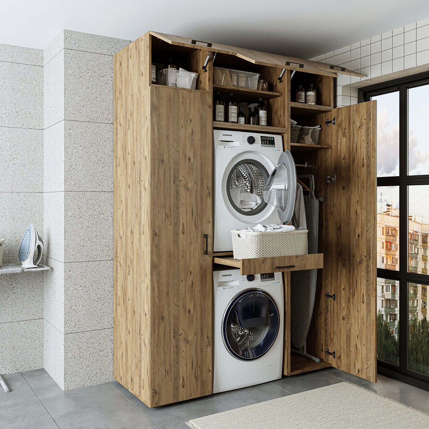 Roomart Waschmaschinenschrank DUO I – 2 Geräte übereinander & Hochschrank, 157 cm