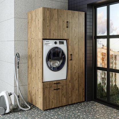 Roomart Waschmaschinenschrank mit Ausziehbrett, 112 cm breit - SERIE 2  – Waschmaschinenüberbau für Waschmaschine & Trockner, Waschturm-Schrank mit Stauraum für Bad & Waschküche