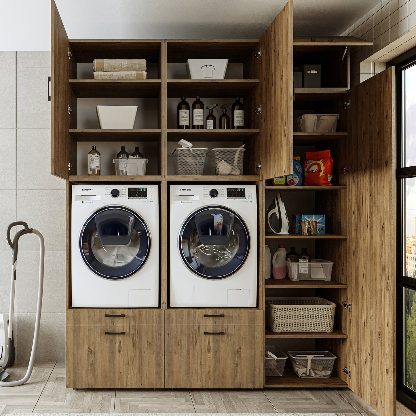 Roomart Waschmaschinenschrank Doppelschrank – SERIE 2 – Überbauschrank für Waschküche & Hauswirtschaftsraum – mit Ausziehbrett & Schubladen – in 3 Farben