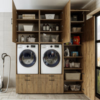 Roomart Waschmaschinenschrank Doppelschrank – SERIE 2 – Überbauschrank für Waschküche & Hauswirtschaftsraum – mit Ausziehbrett & Schubladen – in 3 Farben