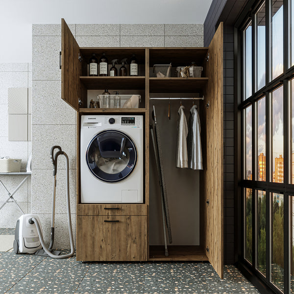 Roomart Schrankwand mit Hochschrank – SERIE 2 -  127 cm breit,  Badschrank & Mehrzweckschrank für Waschküche/Waschraum – Weiß / Schwarz-Eiche