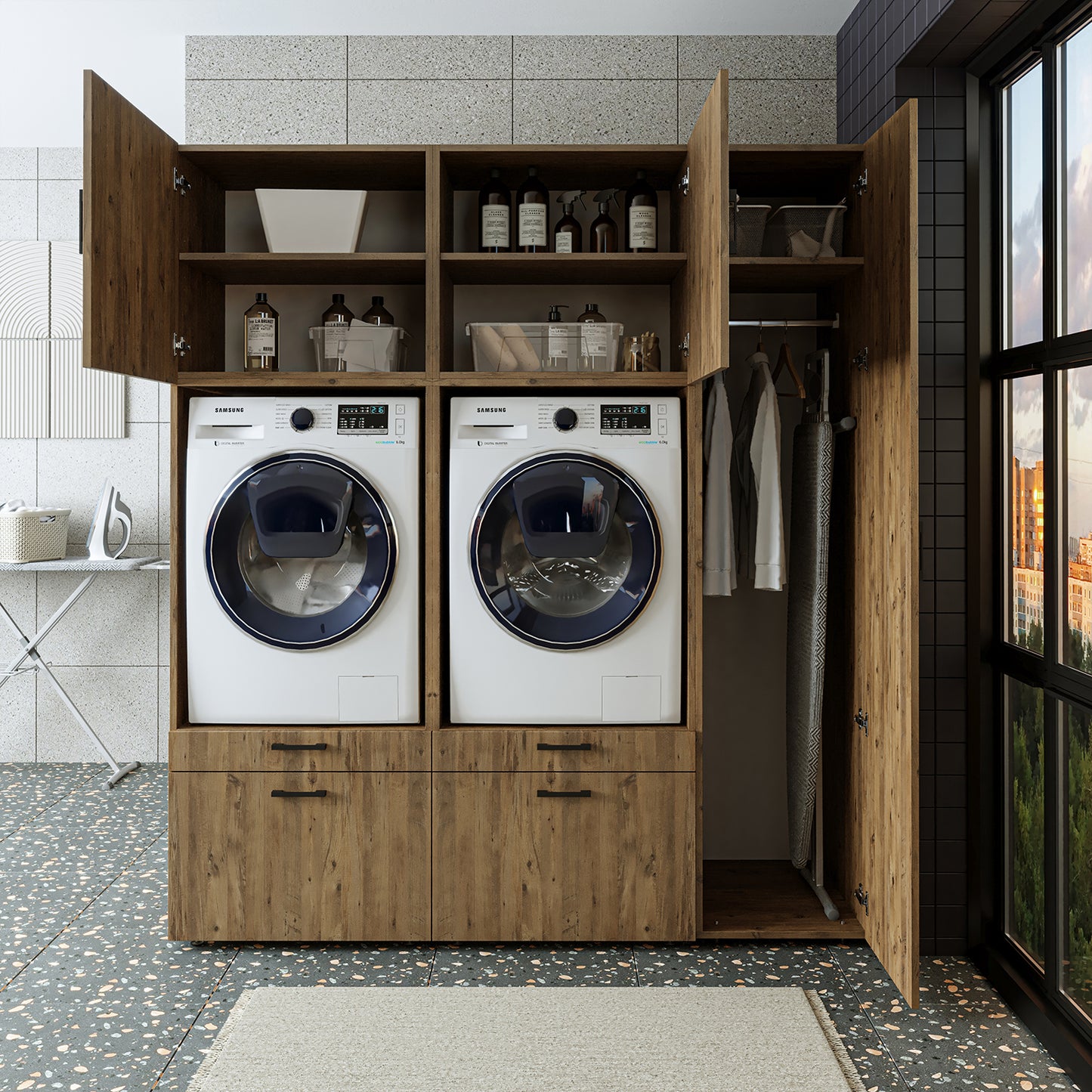 Roomart Waschmaschinenschrank SERIE 2 – Überbauschrank mit Schublade, Überbauschrank für Waschküche & Hauswirtschaftsraum – mit Ausziehbrett & Schublade – in 3 Farben