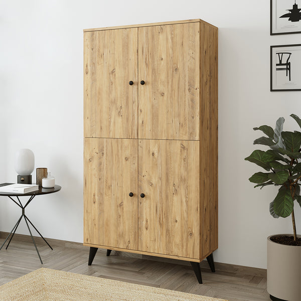 Roomart RETRA-02 Mehrzweckschrank mit Türen – Bücherschrank & Aufbewahrungsschrank in Eiche – 4 Fächer, 3 Regalböden – 165×85×37 cm – Wohnzimmerschrank, Büroschrank, Kinderzimmer