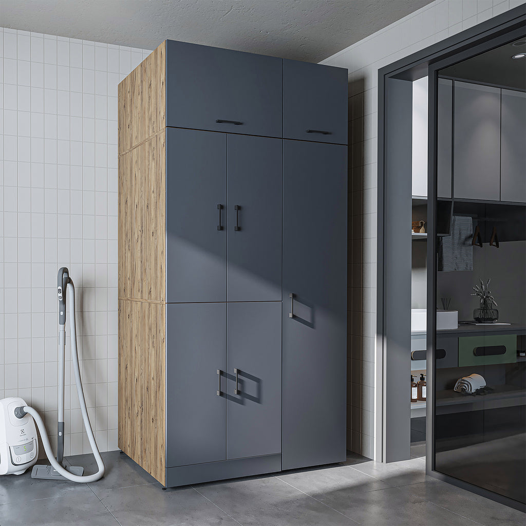 Roomart Waschmaschinenschrank „DORA 115 cm Breit“ für Waschmaschine & Trockner mit Regalböden, in 5 Farben • Weiß • Weiß Eiche • Anthrazit Eiche • Eiche • Schwarz Eiche