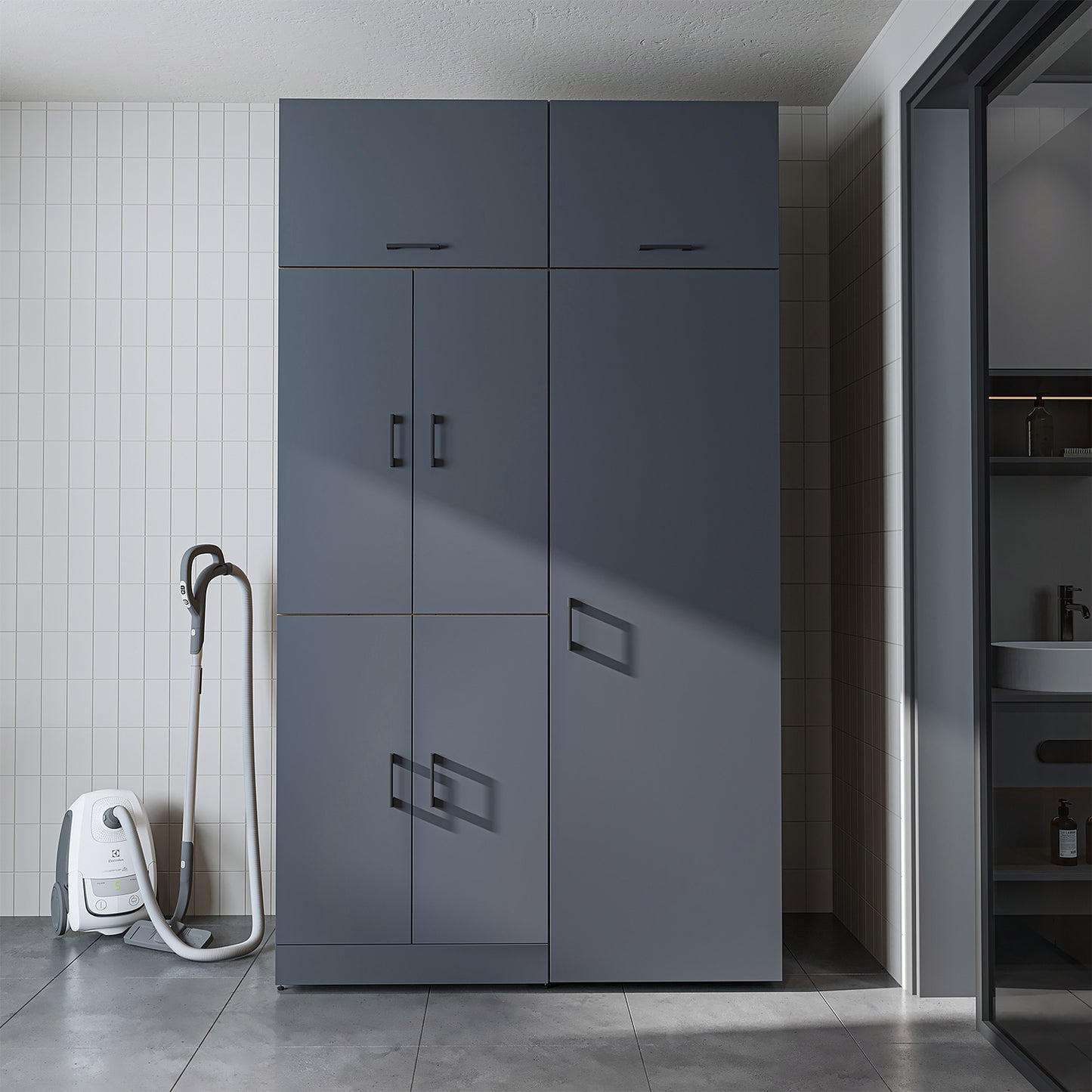 Roomart Waschmaschinenschrank „DORA 130 cm Breit“ für Waschmaschine & Trockner mit Regalböden, in 5 Farben • Weiß • Weiß Eiche • Anthrazit Eiche • Eiche • Schwarz Eiche (Kopie)