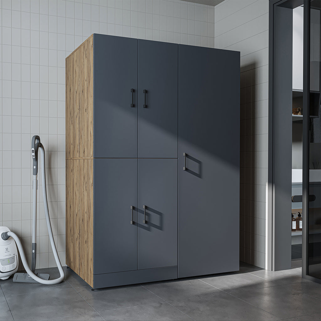 Roomart Waschmaschinenschrank „DORA 130 cm Breit“ für Waschmaschine & Trockner mit Regalböden, in 5 Farben • Weiß • Weiß Eiche • Anthrazit Eiche • Eiche • Schwarz Eiche (Kopie)