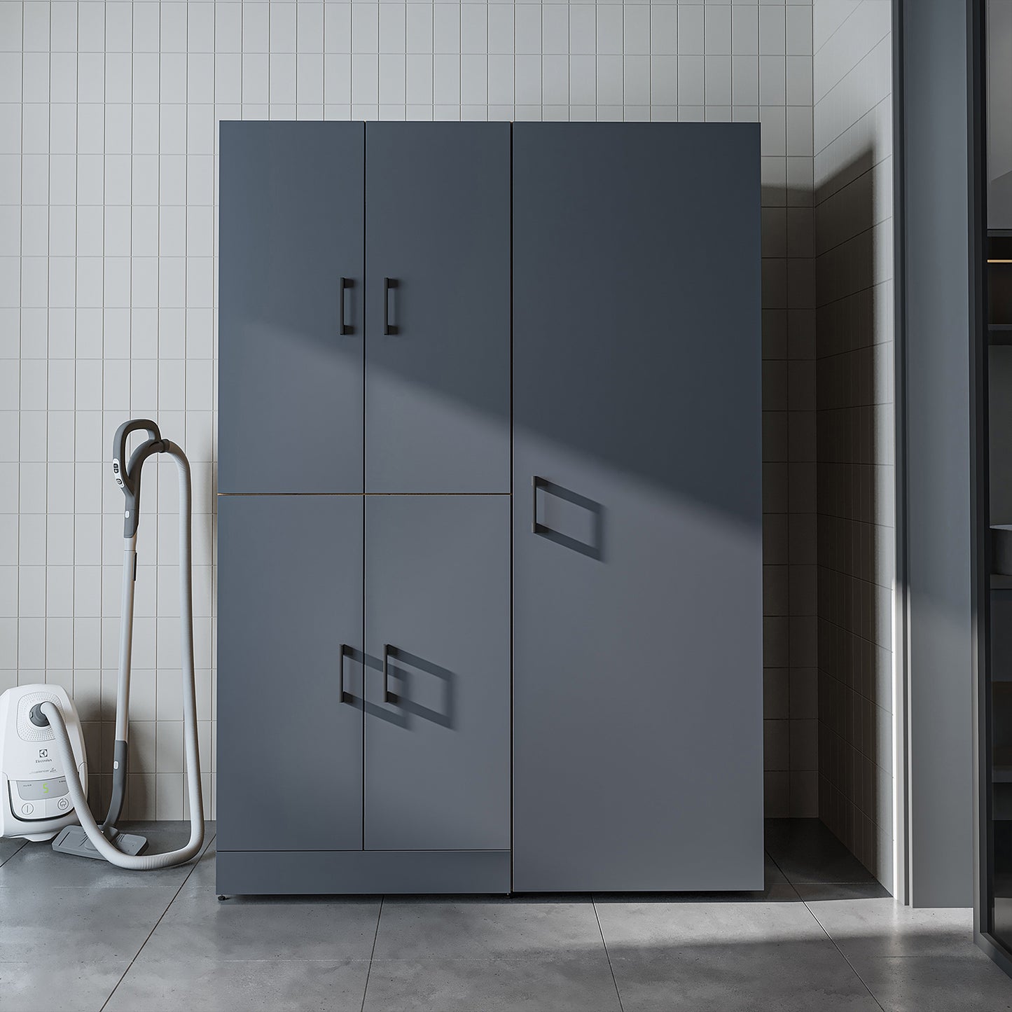 Roomart Waschmaschinenschrank „DORA 130 cm Breit“ für Waschmaschine & Trockner mit Regalböden, in 5 Farben • Weiß • Weiß Eiche • Anthrazit Eiche • Eiche • Schwarz Eiche (Kopie)