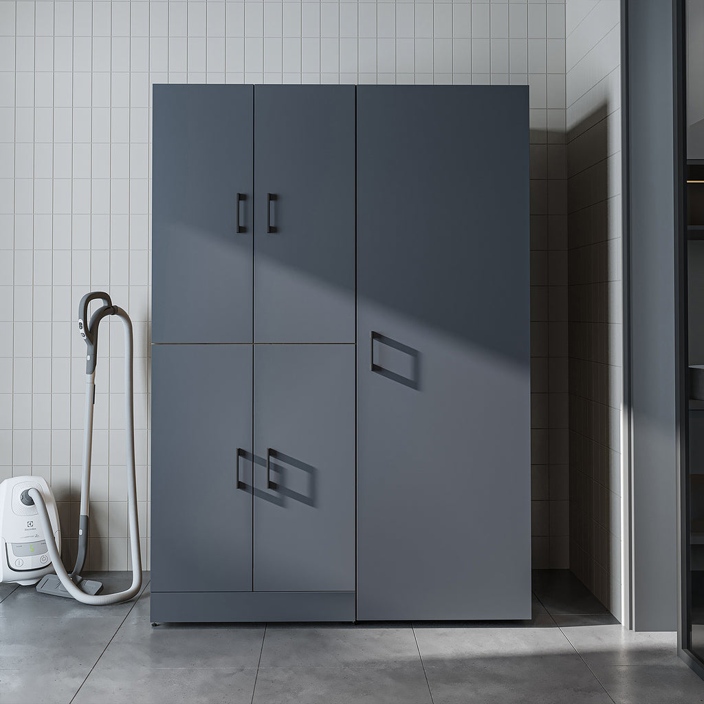 Roomart Waschmaschinenschrank „DORA 130 cm Breit“ für Waschmaschine & Trockner mit Regalböden, in 5 Farben • Weiß • Weiß Eiche • Anthrazit Eiche • Eiche • Schwarz Eiche (Kopie)