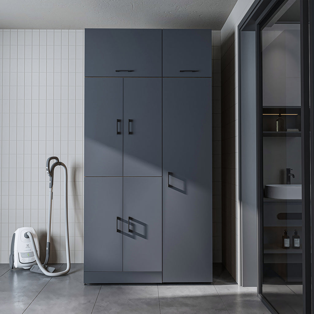 Roomart Waschmaschinenschrank „DORA 115 cm Breit“ für Waschmaschine & Trockner mit Regalböden, in 5 Farben • Weiß • Weiß Eiche • Anthrazit Eiche • Eiche • Schwarz Eiche