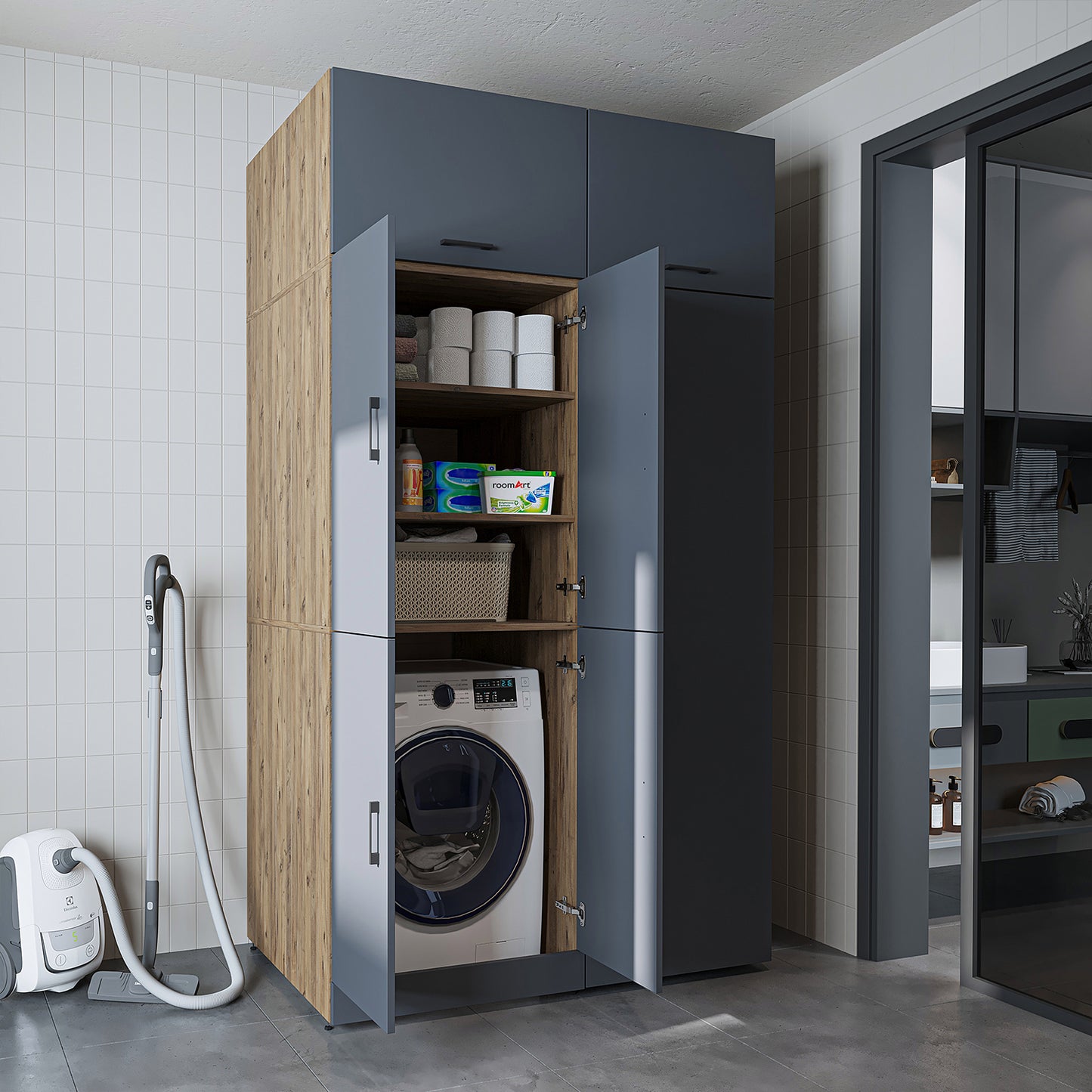 Roomart Waschmaschinenschrank „DORA 130 cm Breit“ für Waschmaschine & Trockner mit Regalböden, in 5 Farben • Weiß • Weiß Eiche • Anthrazit Eiche • Eiche • Schwarz Eiche (Kopie)