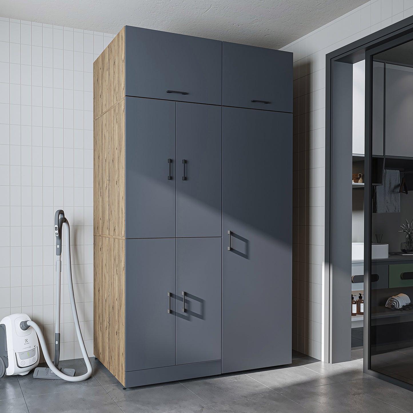 Roomart Waschmaschinenschrank „DORA 130 cm Breit“ für Waschmaschine & Trockner mit Regalböden, in 5 Farben • Weiß • Weiß Eiche • Anthrazit Eiche • Eiche • Schwarz Eiche (Kopie)