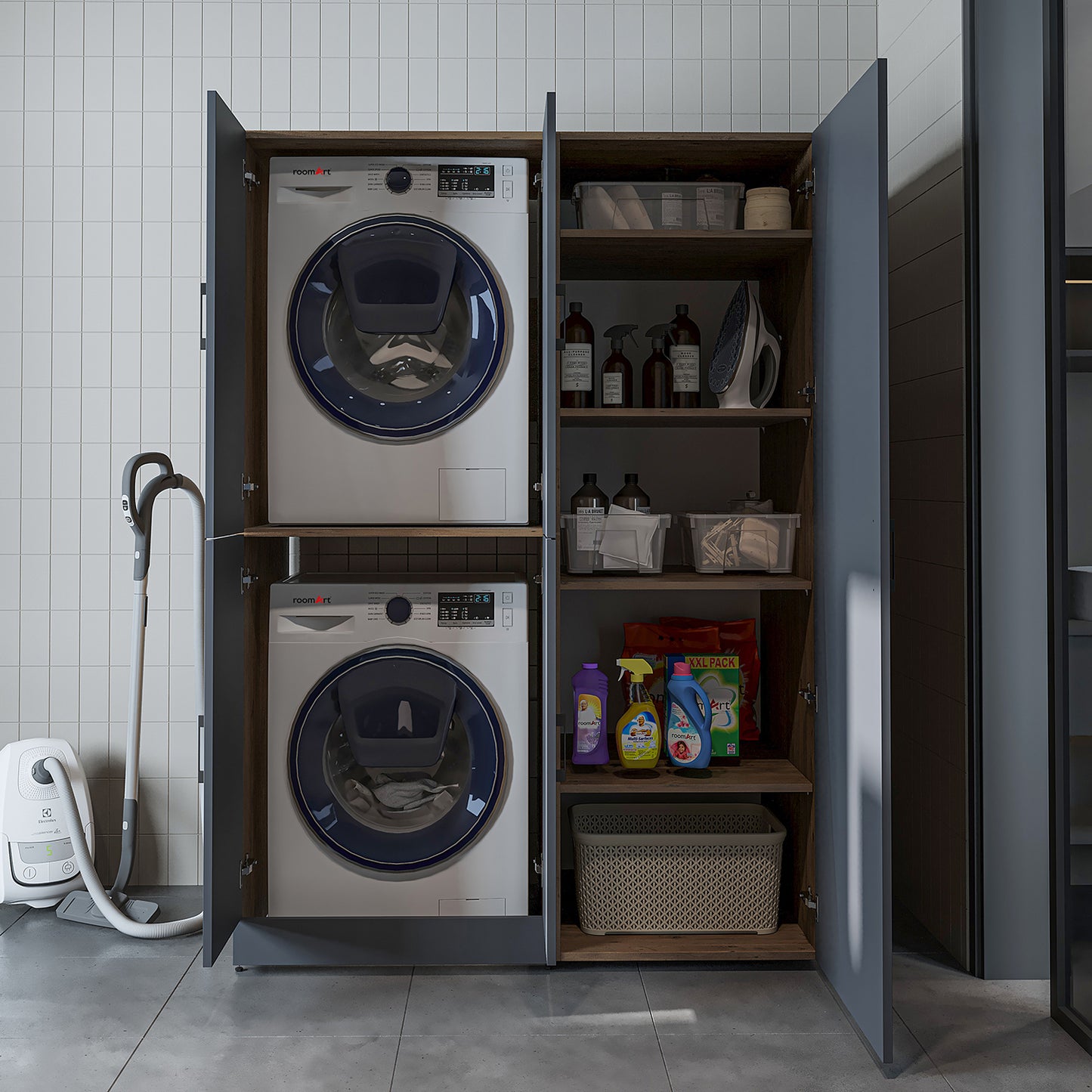 Roomart Waschmaschinenschrank „DORA 130 cm Breit“ für Waschmaschine & Trockner mit Regalböden, in 5 Farben • Weiß • Weiß Eiche • Anthrazit Eiche • Eiche • Schwarz Eiche (Kopie)