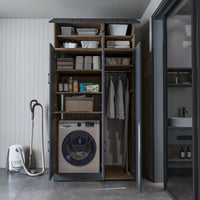 Roomart Waschmaschinenschrank „DORA 115 cm Breit“ für Waschmaschine & Trockner mit Regalböden, in 5 Farben • Weiß • Weiß Eiche • Anthrazit Eiche • Eiche • Schwarz Eiche