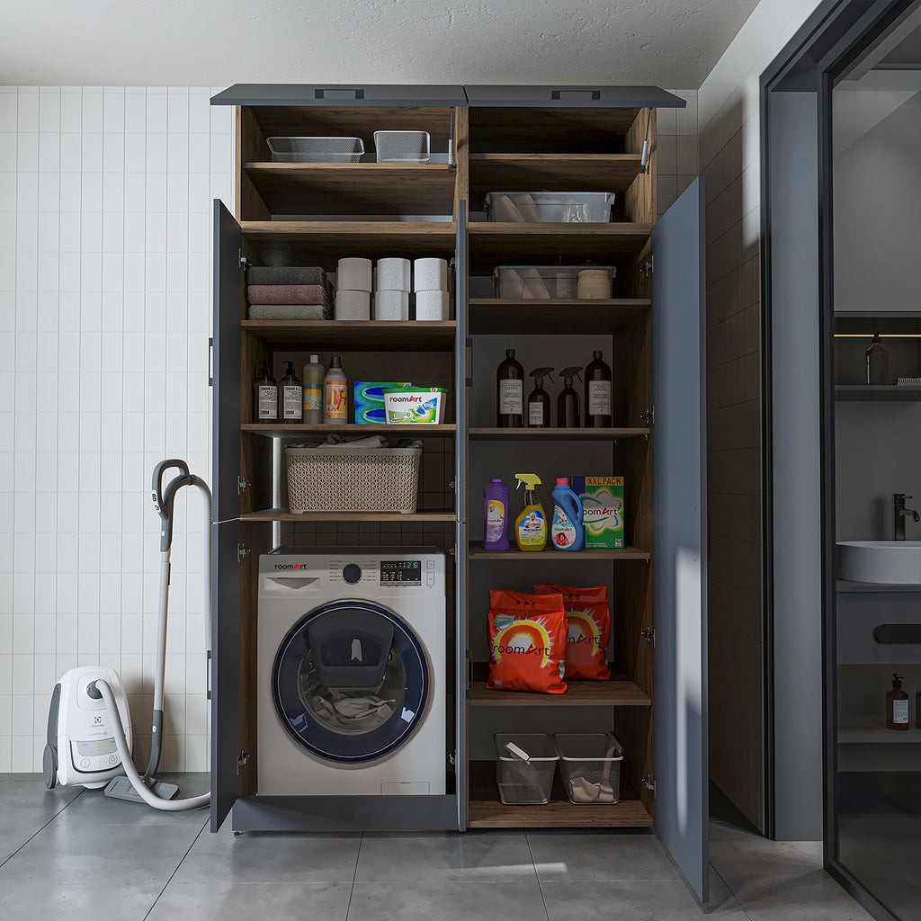 Roomart Waschmaschinenschrank „DORA 130 cm Breit“ für Waschmaschine & Trockner mit Regalböden, in 5 Farben • Weiß • Weiß Eiche • Anthrazit Eiche • Eiche • Schwarz Eiche (Kopie)