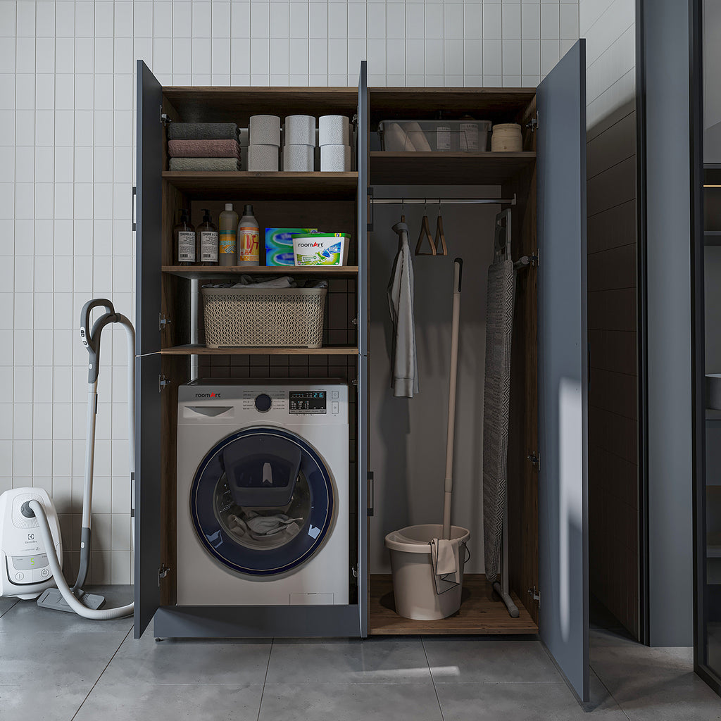 Roomart Waschmaschinenschrank „DORA 130 cm Breit“ für Waschmaschine & Trockner mit Regalböden, in 5 Farben • Weiß • Weiß Eiche • Anthrazit Eiche • Eiche • Schwarz Eiche (Kopie)