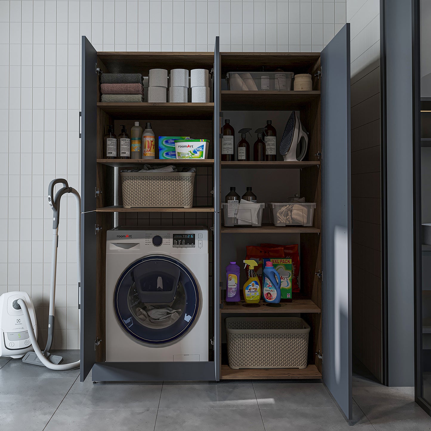 Roomart Waschmaschinenschrank „DORA 130 cm Breit“ für Waschmaschine & Trockner mit Regalböden, in 5 Farben • Weiß • Weiß Eiche • Anthrazit Eiche • Eiche • Schwarz Eiche (Kopie)