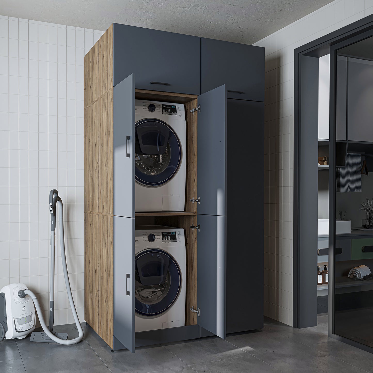 Roomart Waschmaschinenschrank „DORA 130 cm Breit“ für Waschmaschine & Trockner mit Regalböden, in 5 Farben • Weiß • Weiß Eiche • Anthrazit Eiche • Eiche • Schwarz Eiche (Kopie)