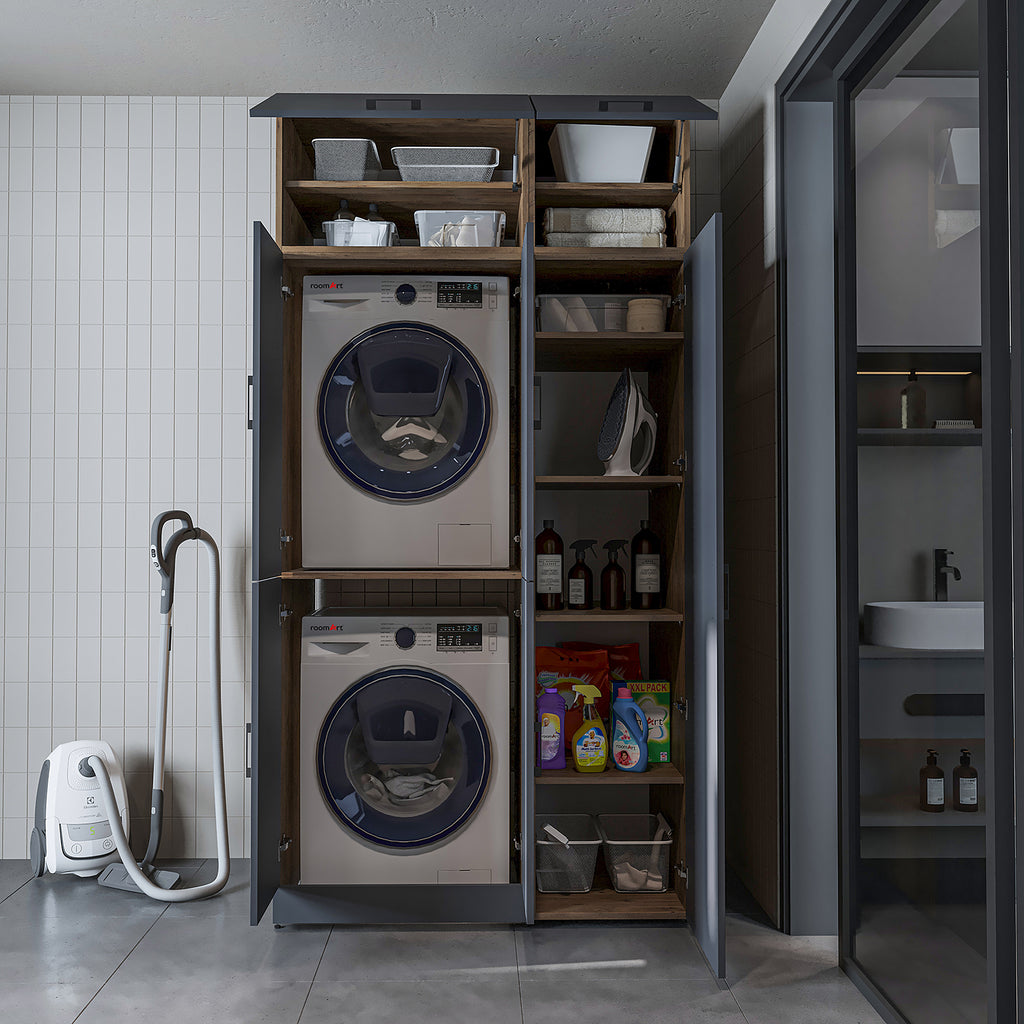 Roomart Waschmaschinenschrank „DORA 115 cm Breit“ für Waschmaschine & Trockner mit Regalböden, in 5 Farben • Weiß • Weiß Eiche • Anthrazit Eiche • Eiche • Schwarz Eiche