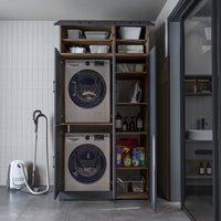 Roomart Waschmaschinenschrank „DORA 115 cm Breit“ für Waschmaschine & Trockner mit Regalböden, in 5 Farben • Weiß • Weiß Eiche • Anthrazit Eiche • Eiche • Schwarz Eiche