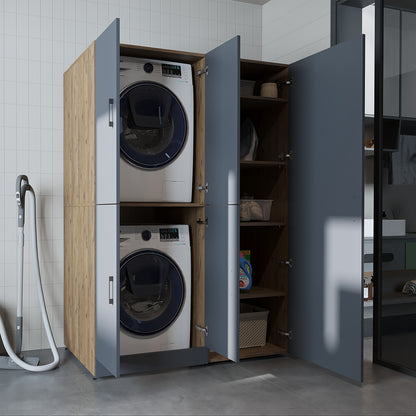 Roomart Waschmaschinenschrank „DORA 130 cm Breit“ für Waschmaschine & Trockner mit Regalböden, in 5 Farben • Weiß • Weiß Eiche • Anthrazit Eiche • Eiche • Schwarz Eiche (Kopie)