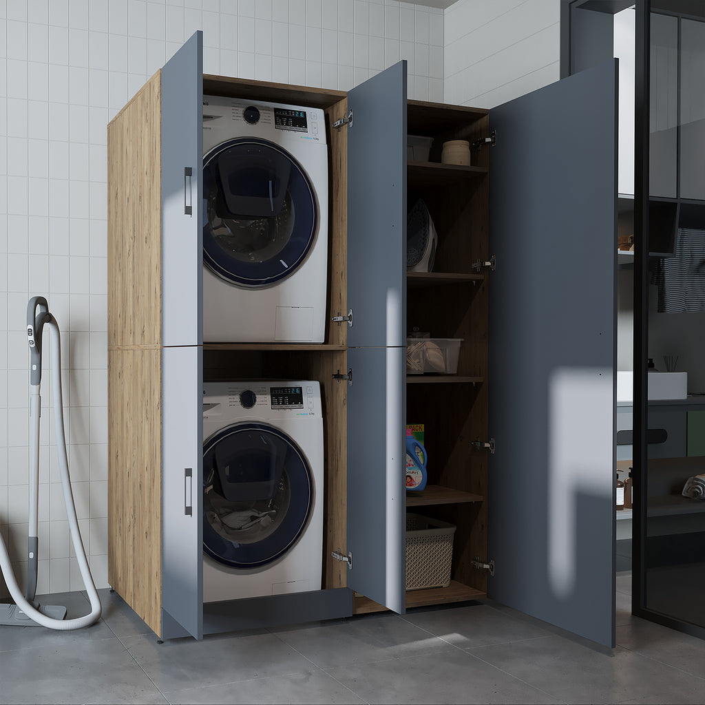 Roomart Waschmaschinenschrank „DORA 130 cm Breit“ für Waschmaschine & Trockner mit Regalböden, in 5 Farben • Weiß • Weiß Eiche • Anthrazit Eiche • Eiche • Schwarz Eiche (Kopie)