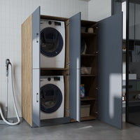 Roomart Waschmaschinenschrank „DORA 130 cm Breit“ für Waschmaschine & Trockner mit Regalböden, in 5 Farben • Weiß • Weiß Eiche • Anthrazit Eiche • Eiche • Schwarz Eiche (Kopie)