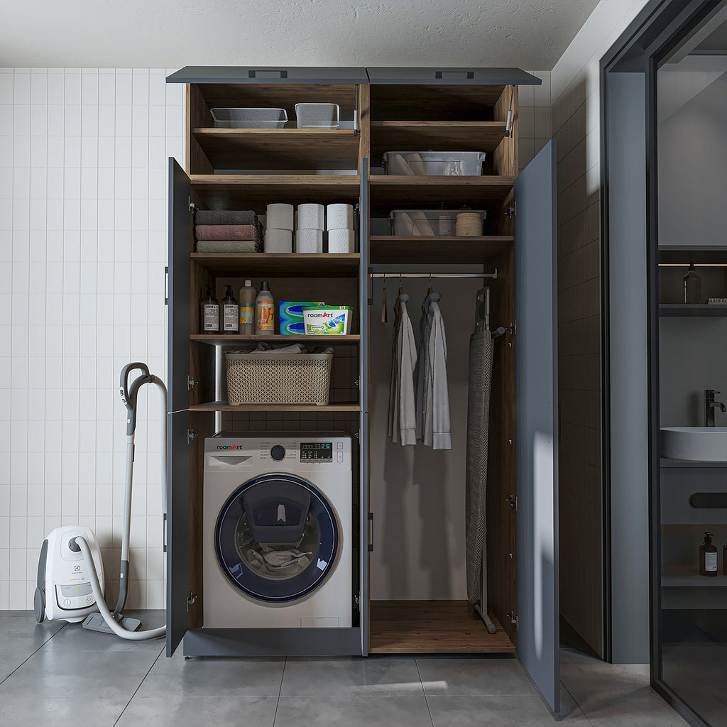 Roomart Waschmaschinenschrank „DORA 130 cm Breit“ für Waschmaschine & Trockner mit Regalböden, in 5 Farben • Weiß • Weiß Eiche • Anthrazit Eiche • Eiche • Schwarz Eiche (Kopie)