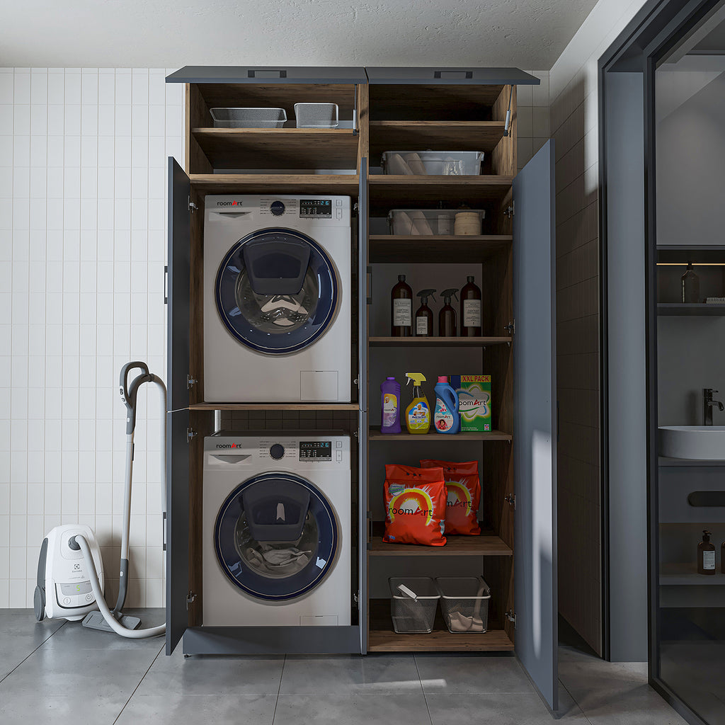 Roomart Waschmaschinenschrank „DORA 130 cm Breit“ für Waschmaschine & Trockner mit Regalböden, in 5 Farben • Weiß • Weiß Eiche • Anthrazit Eiche • Eiche • Schwarz Eiche (Kopie)