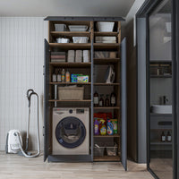 Roomart Waschmaschinenschrank „DORA 115 cm Breit“ für Waschmaschine & Trockner mit Regalböden, in 5 Farben • Weiß • Weiß Eiche • Anthrazit Eiche • Eiche • Schwarz Eiche