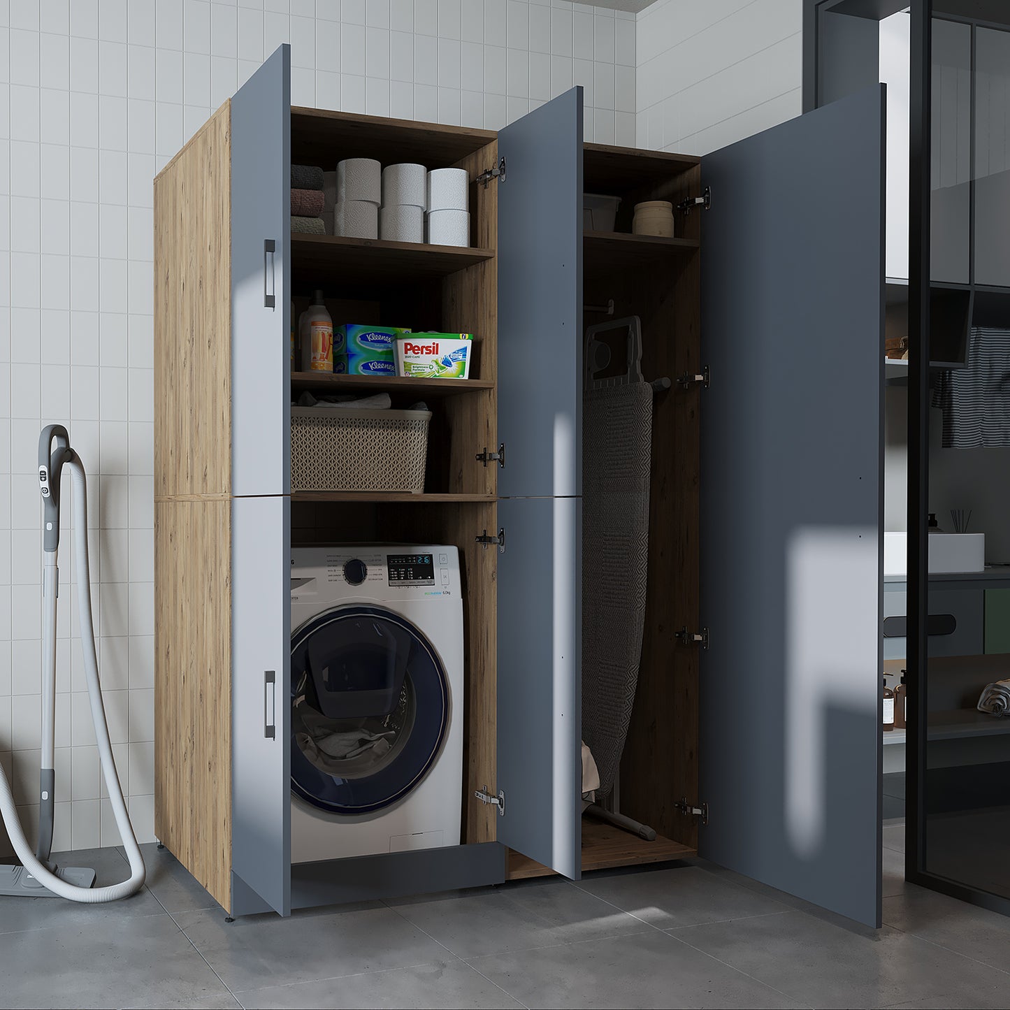 Roomart Waschmaschinenschrank „DORA 130 cm Breit“ für Waschmaschine & Trockner mit Regalböden, in 5 Farben • Weiß • Weiß Eiche • Anthrazit Eiche • Eiche • Schwarz Eiche (Kopie)