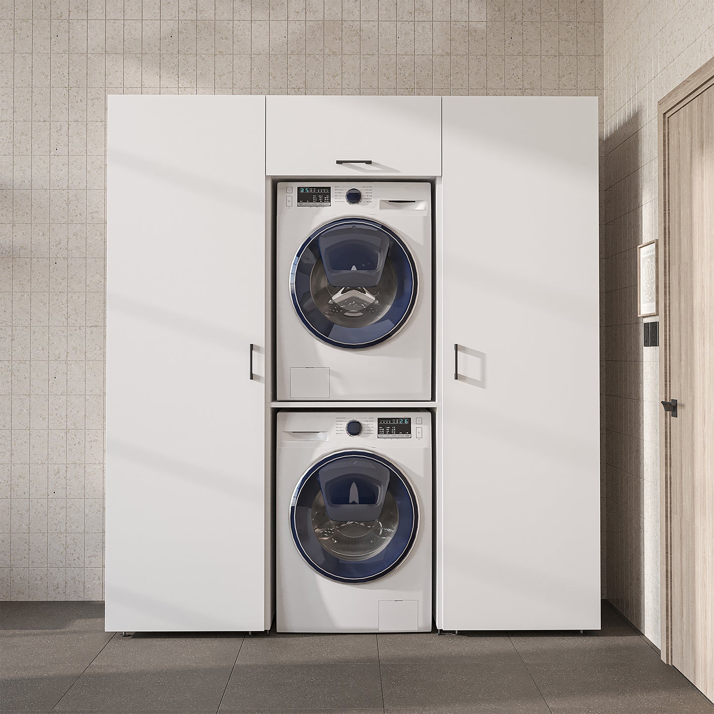 Roomart DUO-I Schrankwand 187 cm – Waschmaschine & Trockner übereinander & Hochschrank | in 3 Farben