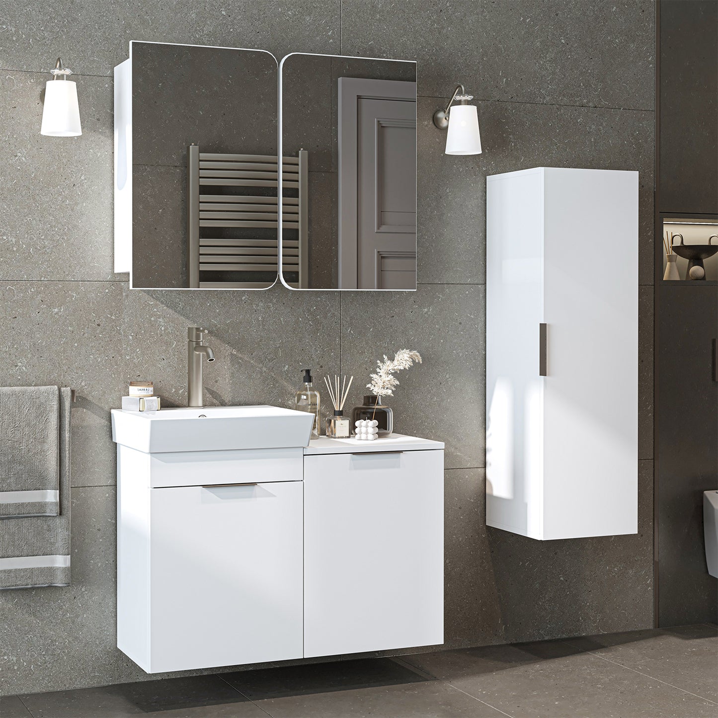 Roomart 3-teiliges Badmöbel-Set LYCIA, 49 cm, Waschtisch, Spiegelschrank und Hochschrank, in 4 Farben