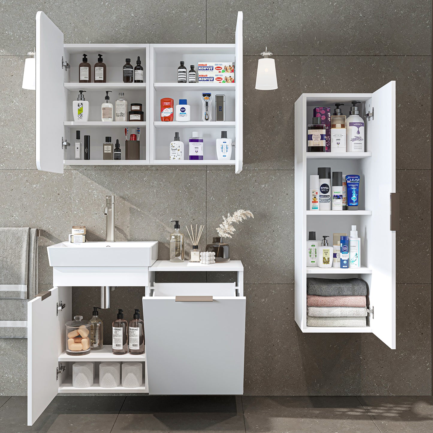 Roomart 3-teiliges Badmöbel-Set LYCIA, 49 cm, Waschtisch, Spiegelschrank und Hochschrank, in 4 Farben