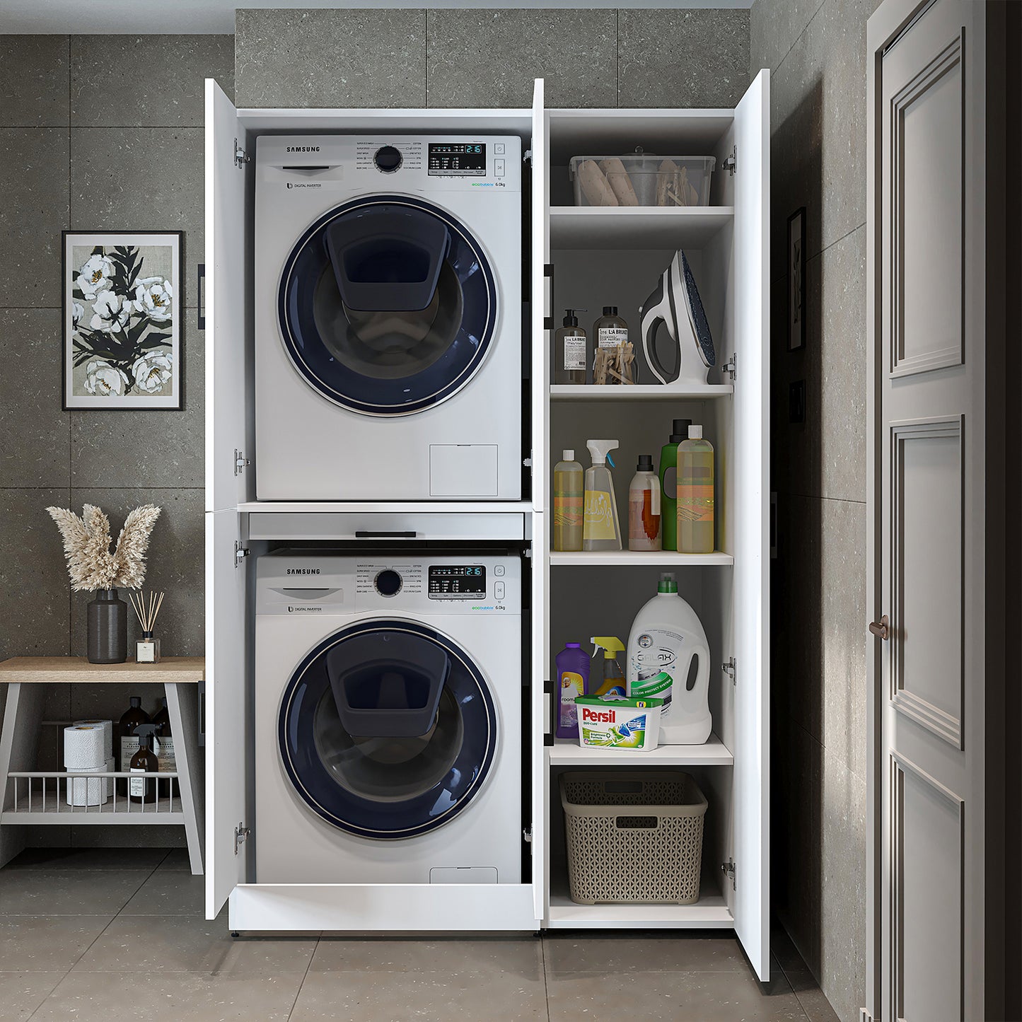 Roomart Waschmaschinenschrank " DORA SET" für Trockner & Waschmaschine, 115 cm breit, in 4 Farben, mit Türen & Ausziehbrett • Weiß • Weiß Eiche • Anthrazit Eiche • Eiche