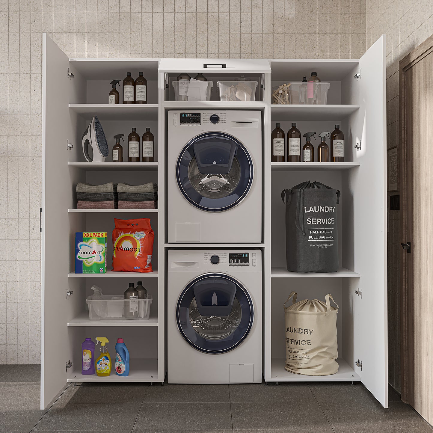 Roomart DUO-I Schrankwand 187 cm – Waschmaschine & Trockner übereinander & Hochschrank | in 3 Farben
