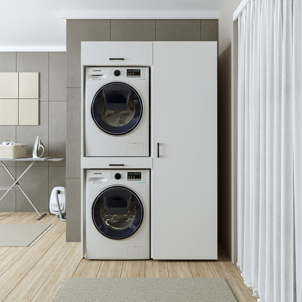 Roomart Waschmaschinenschrank & Trocknerschrank – SERIE DUO-I-  127 cm breit - Trockner auf Waschmaschine – Waschturm / Überbauschrank für Waschküche & Hauswirtschaftsraum – In 3 Farben