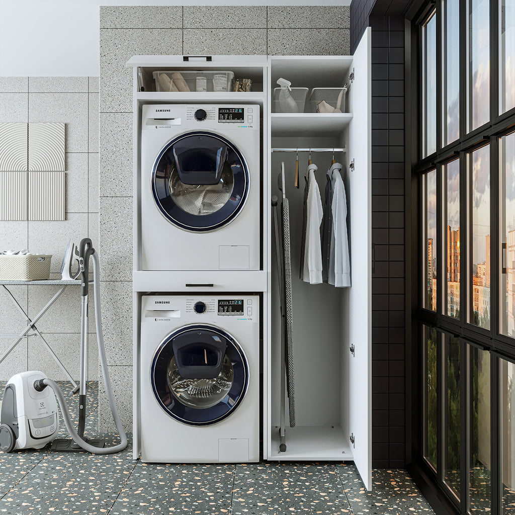 Roomart Waschmaschinenschrank, Trockner auf Waschmaschine • 112 cm breit • In 3 Farben - waschmaschinenschrank, waschmaschinenregal, waschturm, schrank, weiß, waschmaschinen, unterschrank, waschmaschine, trockner, haushaltsschrank, schränke, badschrank, h