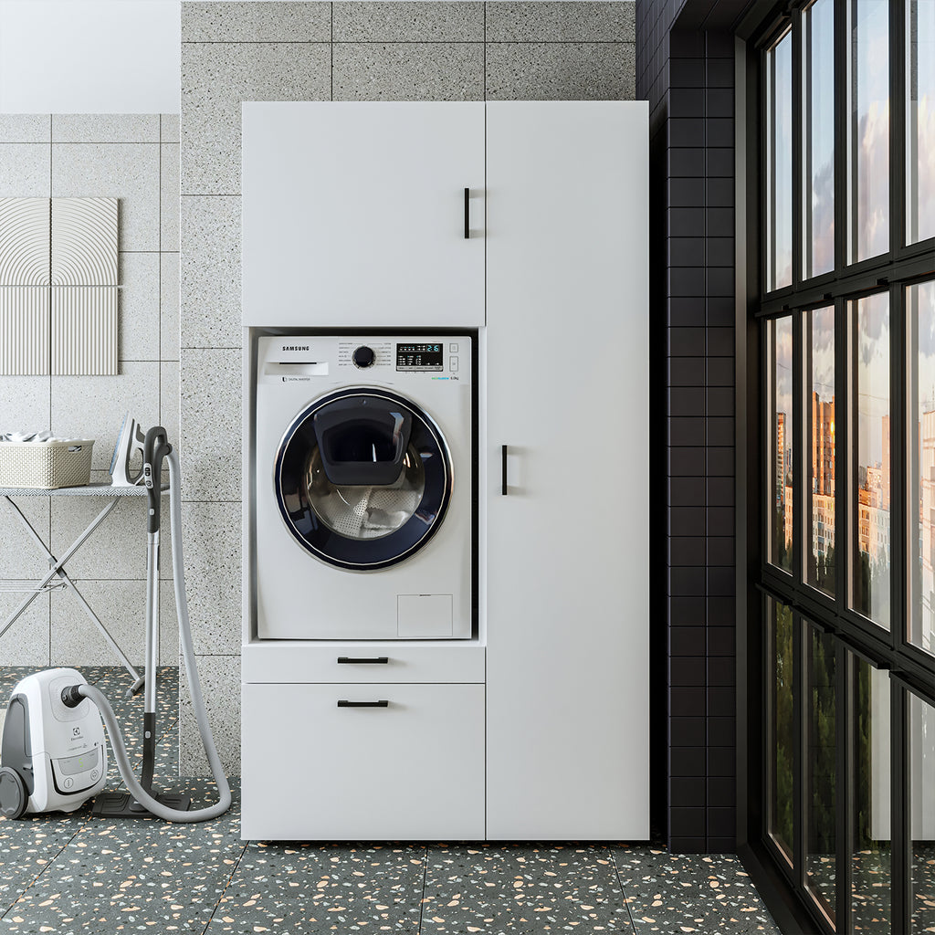Roomart Waschmaschinenschrank mit Ausziehbrett, 112 cm breit - SERIE 2  – Waschmaschinenüberbau für Waschmaschine & Trockner, Waschturm-Schrank mit Stauraum für Bad & Waschküche