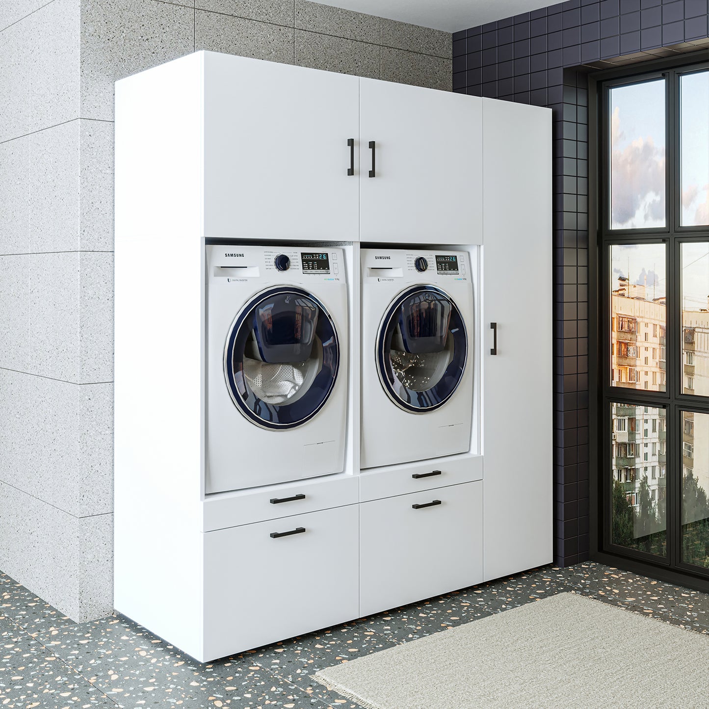 Roomart Waschmaschinenschrank SERIE 2 – Überbauschrank mit Schublade, Überbauschrank für Waschküche & Hauswirtschaftsraum – mit Ausziehbrett & Schublade – in 3 Farben