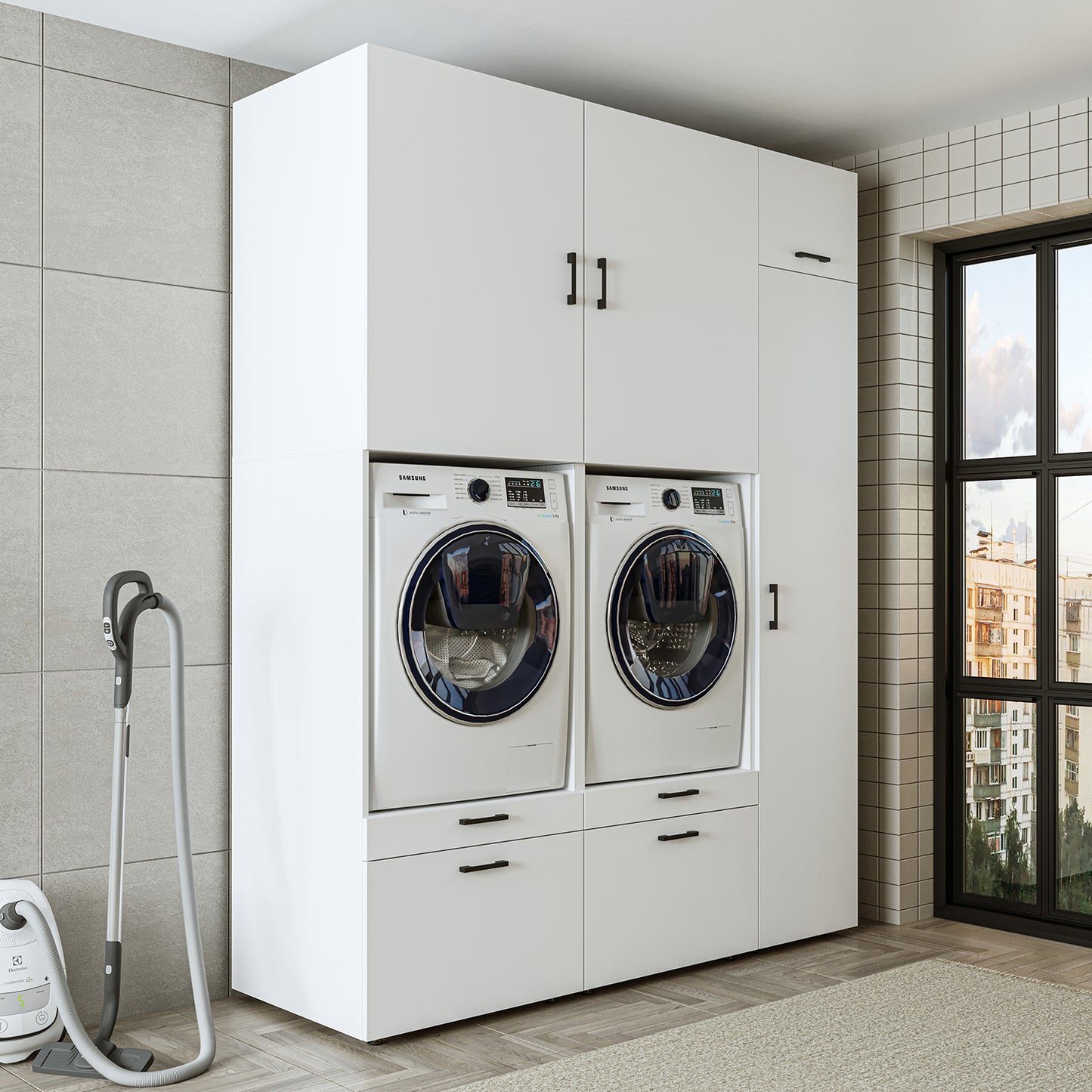 Roomart Waschmaschinenschrank Doppelschrank – SERIE 2 – Überbauschrank für Waschküche & Hauswirtschaftsraum – mit Ausziehbrett & Schubladen – in 3 Farben