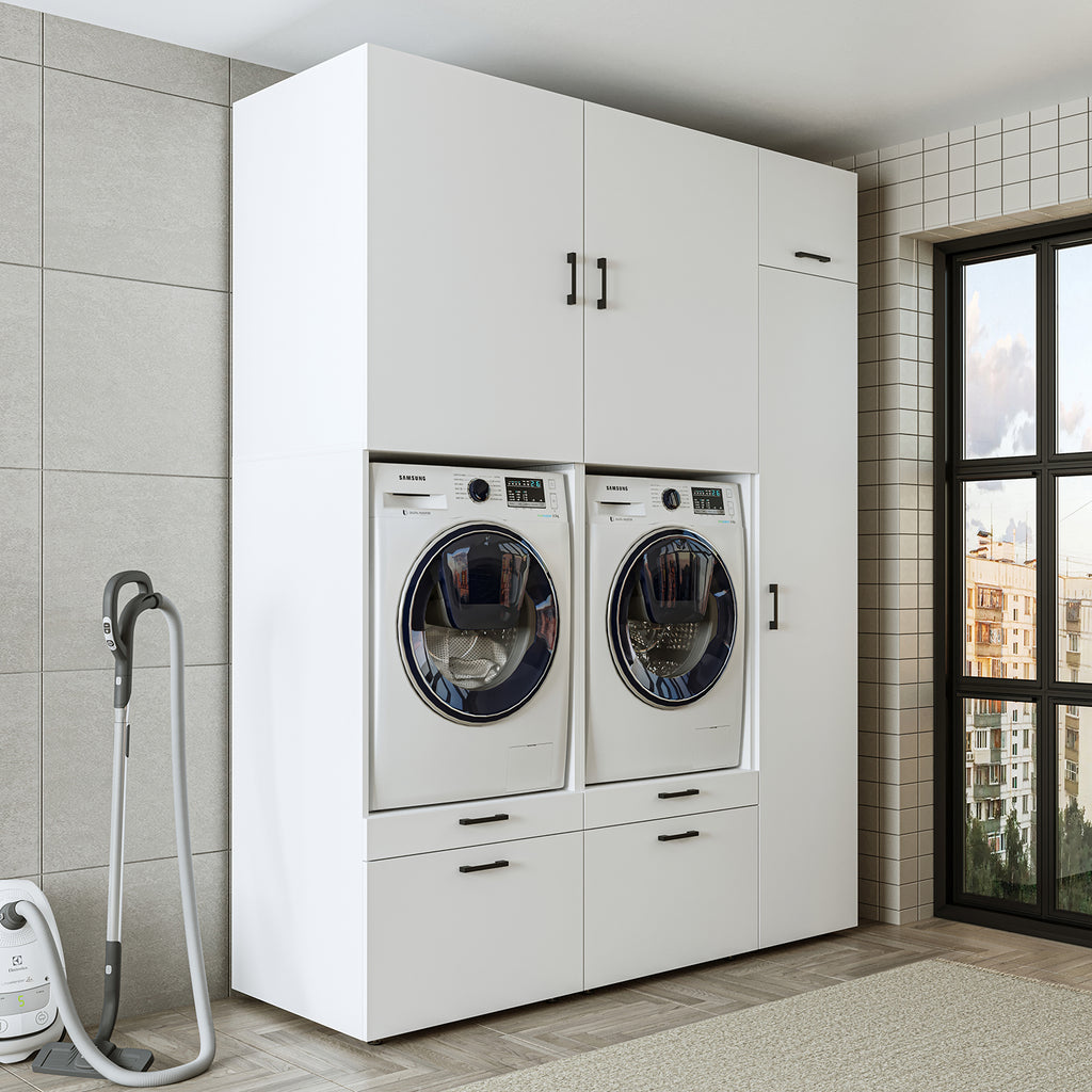 Roomart Waschmaschinenschrank Doppelschrank – SERIE 2 – Überbauschrank für Waschküche & Hauswirtschaftsraum – mit Ausziehbrett & Schubladen – in 3 Farben