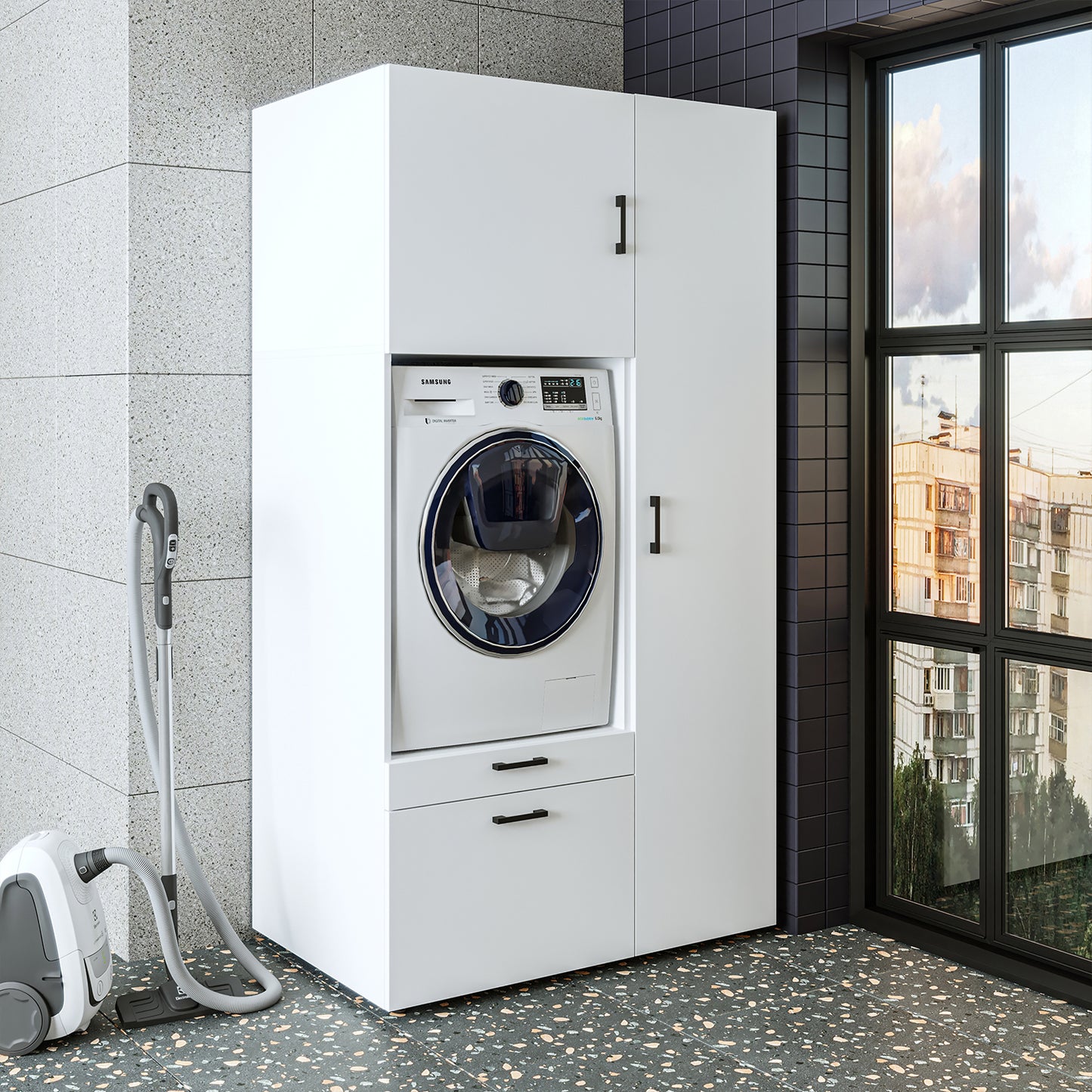 Roomart Waschmaschinenschrank mit Ausziehbrett, 112 cm breit - SERIE 2  – Waschmaschinenüberbau für Waschmaschine & Trockner, Waschturm-Schrank mit Stauraum für Bad & Waschküche