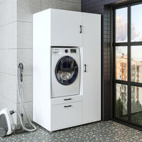 Roomart Waschmaschinenschrank mit Ausziehbrett, 112 cm breit - SERIE 2  – Waschmaschinenüberbau für Waschmaschine & Trockner, Waschturm-Schrank mit Stauraum für Bad & Waschküche