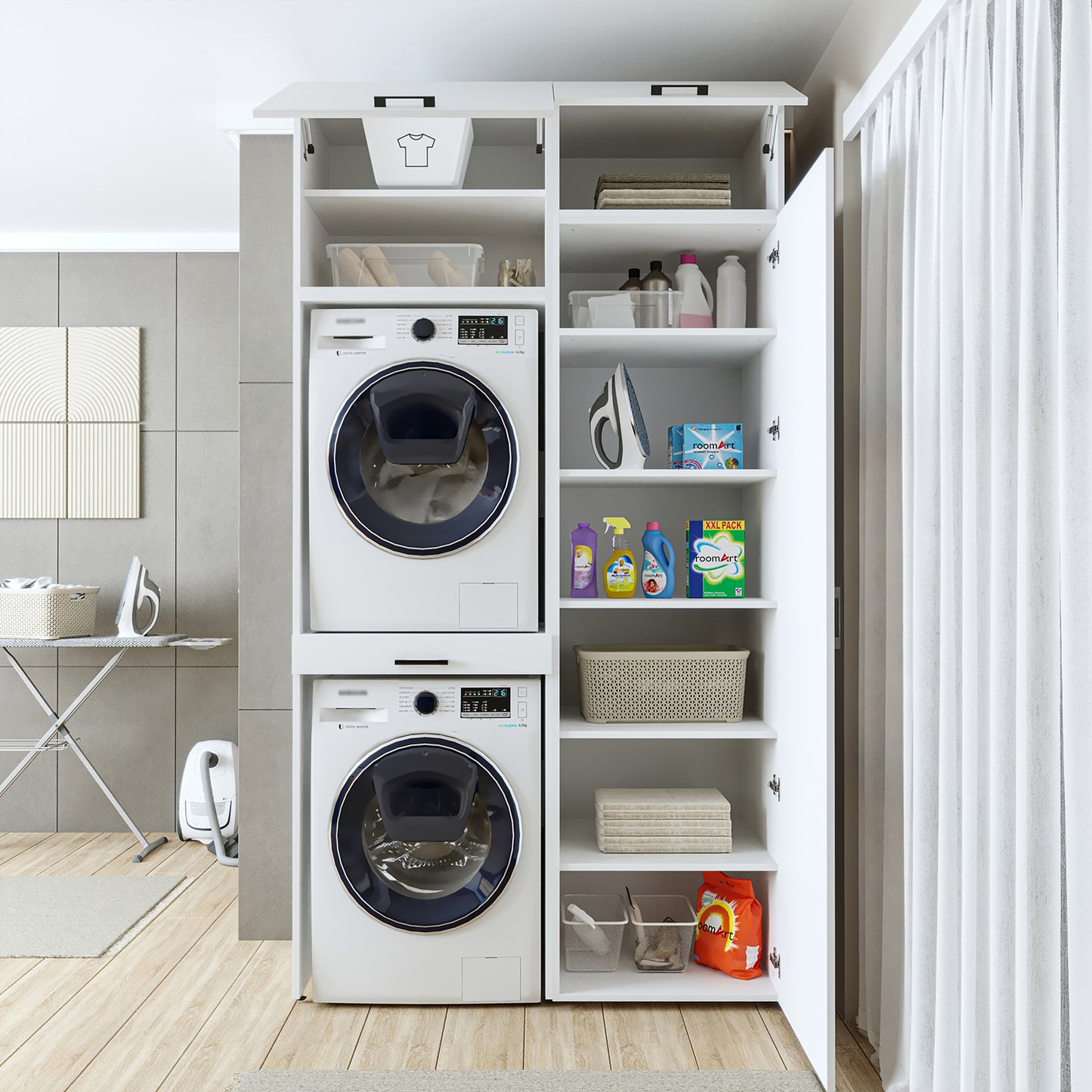 Roomart DUO-I Waschmaschinenschrank 127 cm – Waschmaschine & Trockner übereinander, Hochschrank