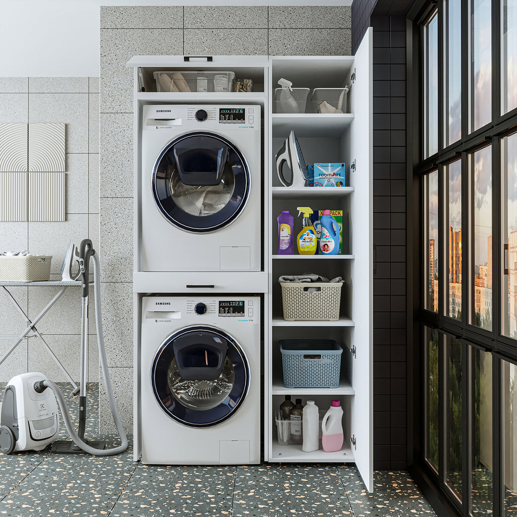 Roomart Waschmaschinenschrank, Trockner auf Waschmaschine • 112 cm breit • In 3 Farben - waschmaschinenschrank, waschmaschinenregal, waschturm, schrank, weiß, waschmaschinen, unterschrank, waschmaschine, trockner, haushaltsschrank, schränke, badschrank, h