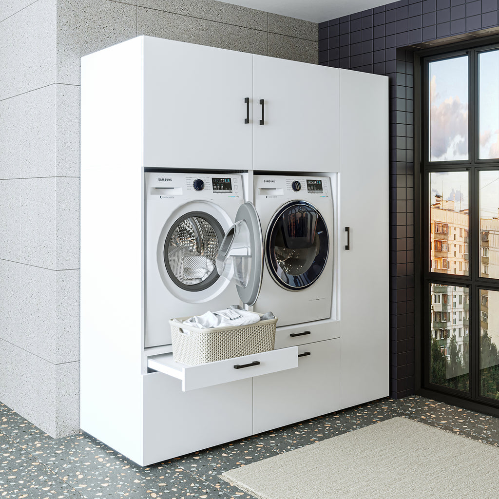 Roomart Waschmaschinenschrank SERIE 2 – Überbauschrank mit Schublade, Überbauschrank für Waschküche & Hauswirtschaftsraum – mit Ausziehbrett & Schublade – in 3 Farben