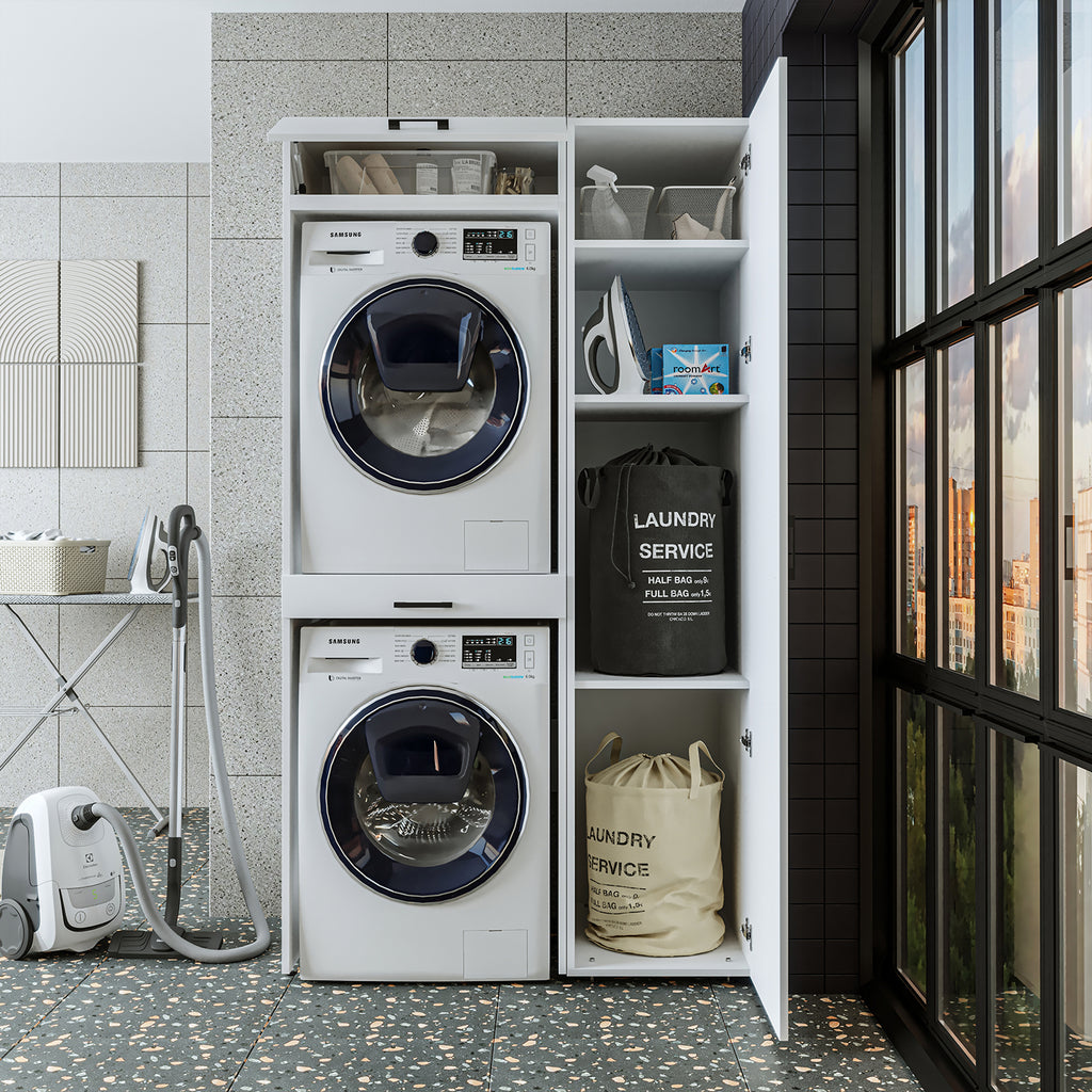 Roomart Waschmaschinenschrank, Trockner auf Waschmaschine • 112 cm breit • In 3 Farben - waschmaschinenschrank, waschmaschinenregal, waschturm, schrank, weiß, waschmaschinen, unterschrank, waschmaschine, trockner, haushaltsschrank, schränke, badschrank, h