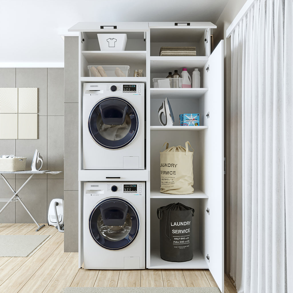 Roomart DUO-I Waschmaschinenschrank 127 cm – Waschmaschine & Trockner übereinander, Hochschrank