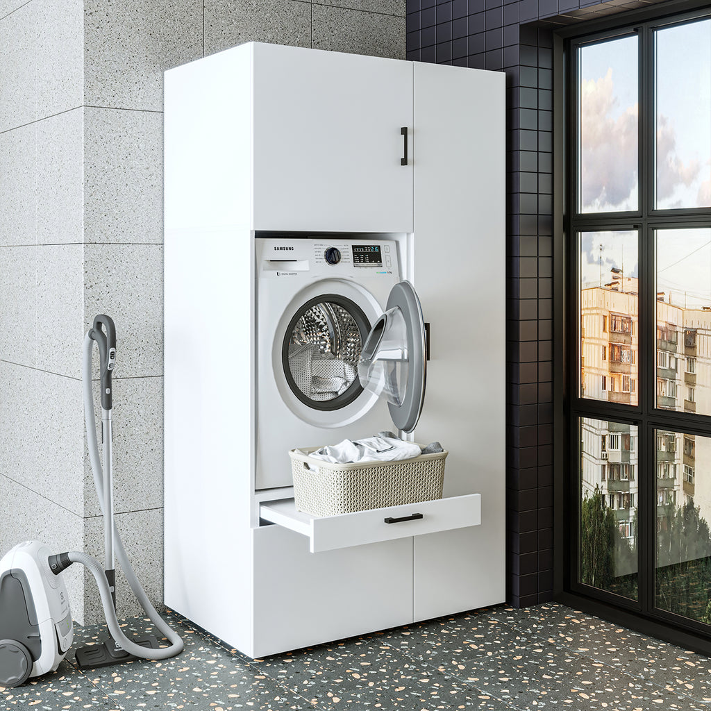 Roomart Waschmaschinenschrank mit Ausziehbrett, 112 cm breit - SERIE 2  – Waschmaschinenüberbau für Waschmaschine & Trockner, Waschturm-Schrank mit Stauraum für Bad & Waschküche